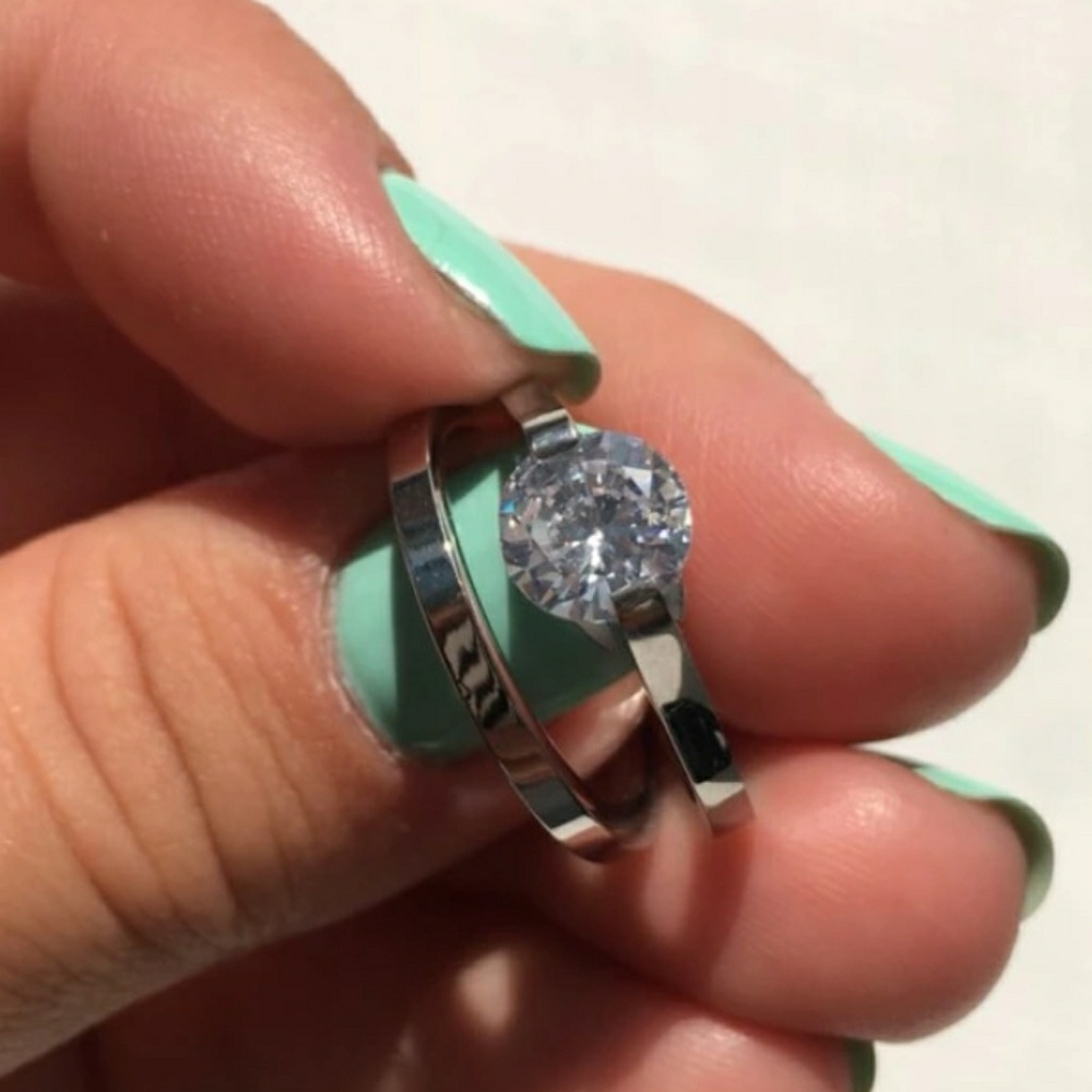 NWT Stainless Steel Cz Wedding Set Size 7